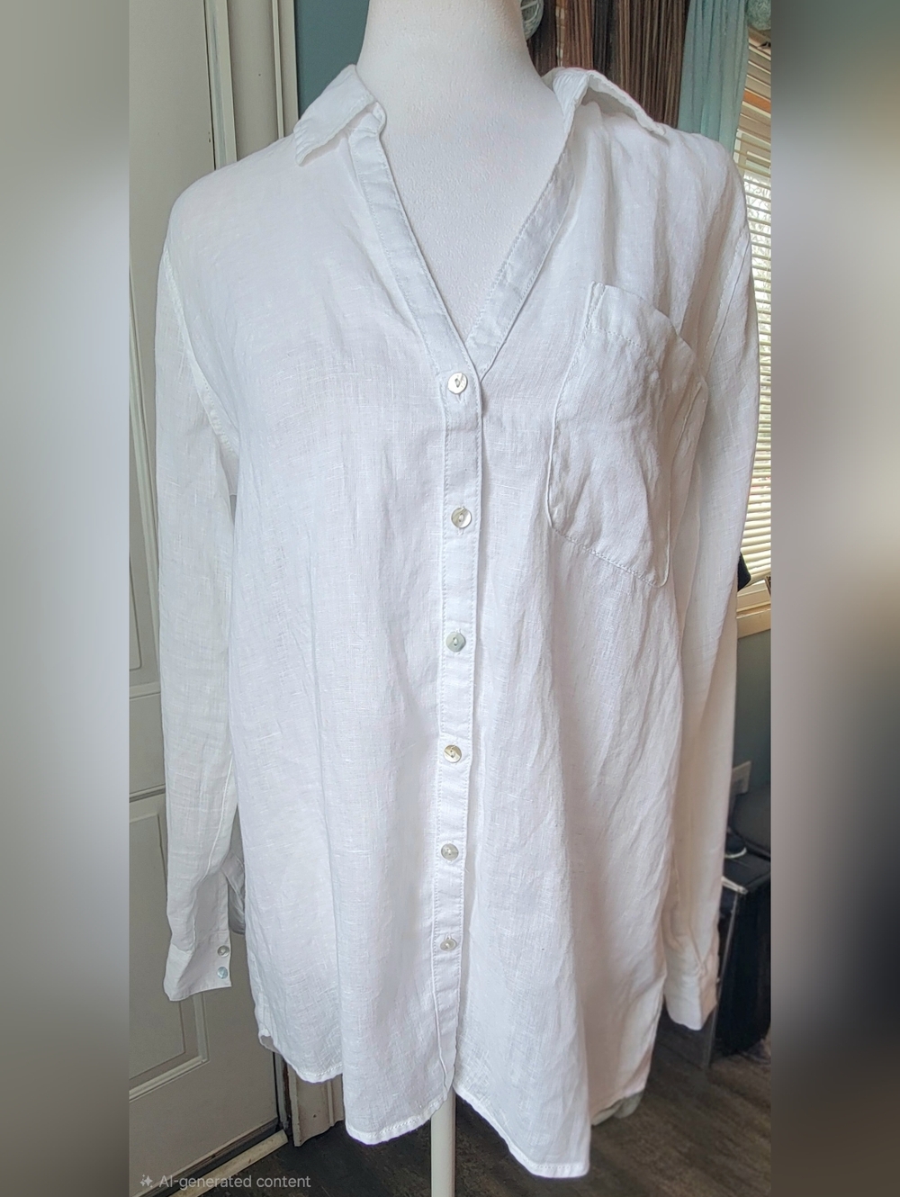 Sigrid Olsen 100% Linen Oversized Button-Down w/ Roll Tab Sleeve Womens S White